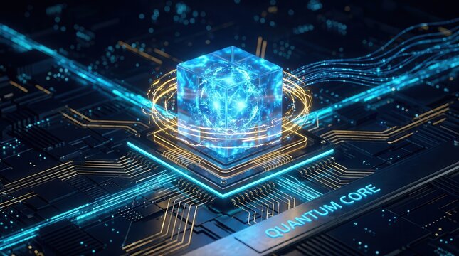 Futuristic quantum computer processor chip with glowing blue particles and energy flow.
