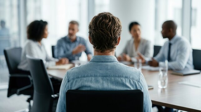 Back view of an ignored employee being excluded by coworkers during an office meeting.