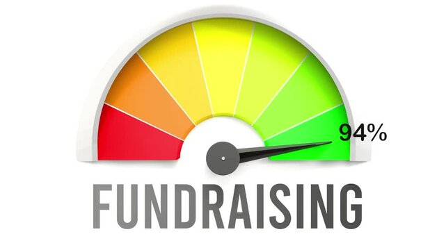Fundraising meter showing high values of fundraising. Increasing and rising fundraising, reaching full, off the charts. Maximum amount of fundraising. No AI, made by humans for humans.