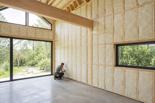 Instalaci&oacute;n de aislamiento en un espacio interior moderno con ventanas grandes en un ambiente natural