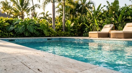 Fototapeta premium Clear blue water in an outdoor swimming pool with tropical green plants and palm trees.