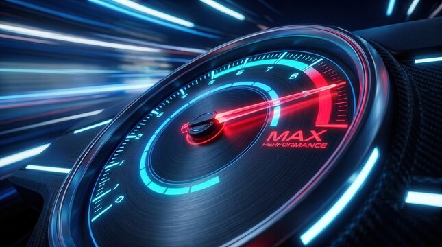 Abstract glowing speedometer and tachometer dial showing maximum performance.
