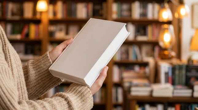 Hands holding a blank white book mockup in a cozy bookstore interior.