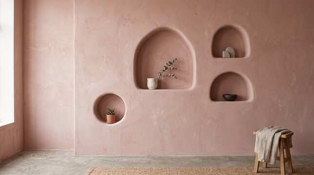 Minimalist terracotta plaster wall with arched niches, Mediterranean interior design with clay texture, wabi-sabi home decor aesthetic