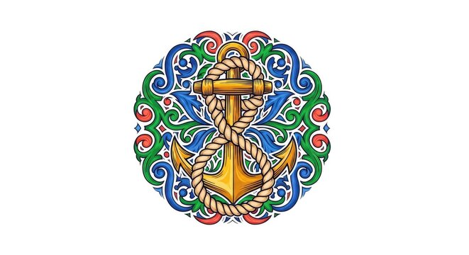 A detailed circular emblem featuring a central anchor intertwined with thick nautical rope and surrounded by intricate decorative swirls, element, illustration, nautical