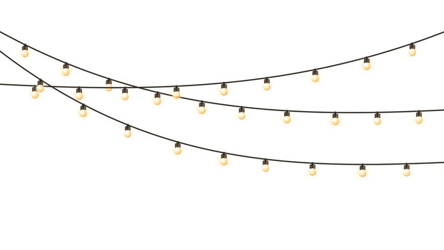 Decorative string lights with glowing yellow bulbs hanging in multiple layers for festive party celebration and wedding decor isolated on transparent background