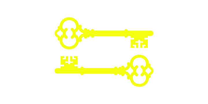 Two vintage ornate skeleton keys in bright yellow on a transparent background, antique and decorative metal object.