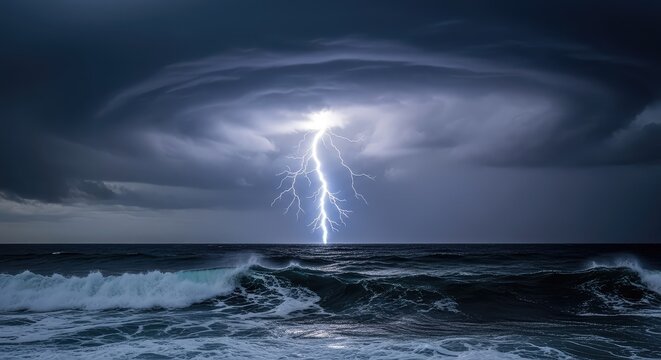 A dramatic lightning bolt strikes the dark ocean surface as heavy clouds roll over turbulent waves during a powerful maritime tempest, sky, turbulence, atmosphere