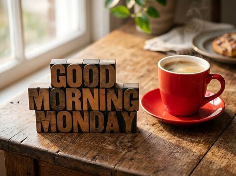 A red coffee cup sits on a rustic wooden table next to vintage wooden blocks spelling out the phrase good morning monday message