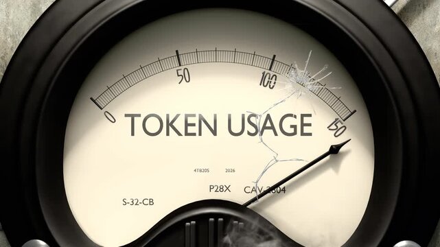 Token usage meter showing big levels of token usage. Dangerously increasing high values of token usage, critical overload. Too much, off the charts. Max token usage