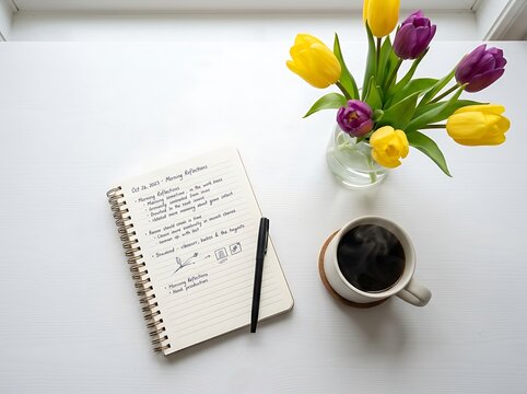 A high angle view of a notebook with handwritten notes next to a cup of black coffee and fresh colorful spring tulip flowers