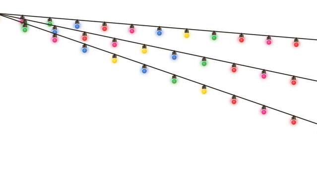 Colorful string lights hanging in rows for party decoration and celebration events isolated on transparent background