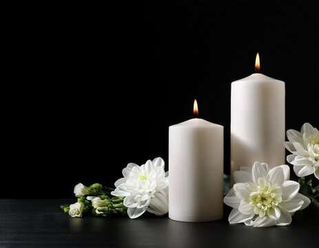 white candles and flowers on black panoramic background with copy space funeral service memorial and obituary header