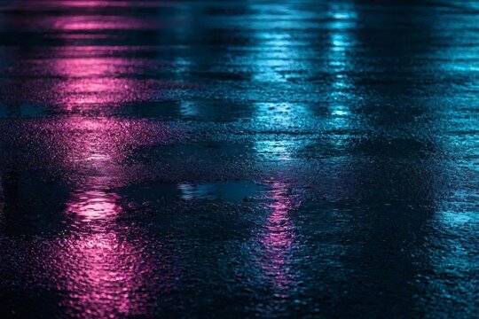 Moody urban nightscape with neon reflections on pavement  
A wide, moody composition showing neon hues bleeding into wet pavement, evoking late‑night city life and cinematic tension. 