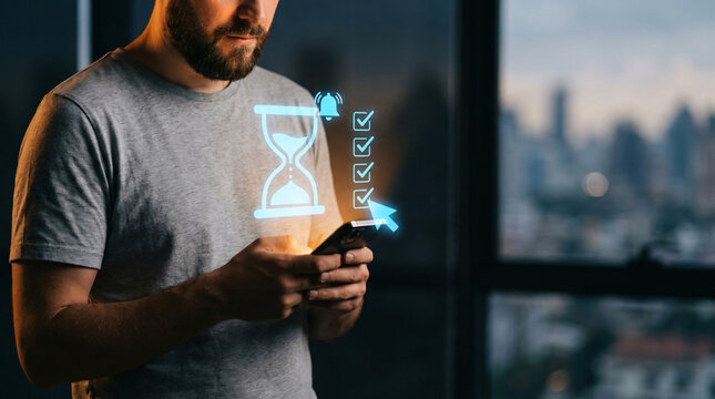 Man using smartphone with glowing hourglass icon symbolizing time management, productivity, and deadlines against a blurred cityscape background