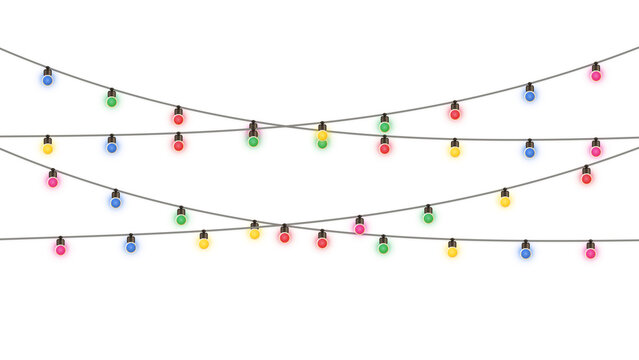 Colorful festive string lights hanging in horizontal lines for holiday decoration and party celebration events isolated on transparent background