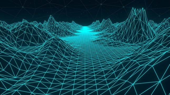 Cyberpunk wireframe landscape, glowing blue digital terrain, futuristic 3D mesh mountains, virtual reality data visualization