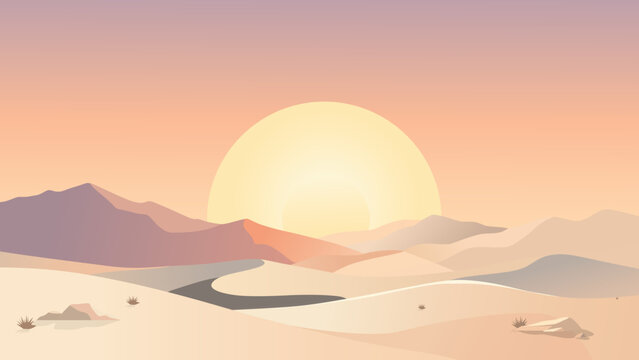 Beautiful minimalist desert landscape illustration with soft warm sunset colors