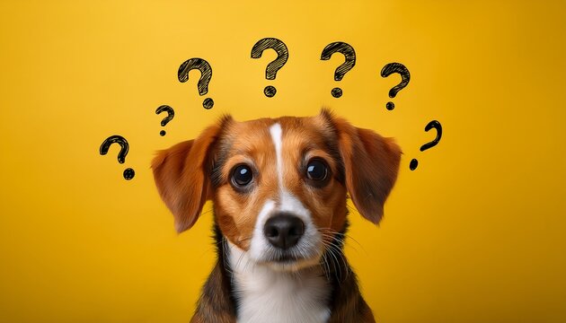 cute confused little dog with question marks isolated on yellow background mz