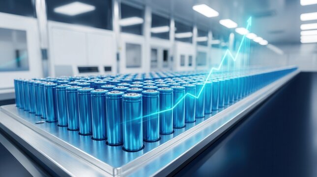 Rows of blue lithium ion batteries arranged neatly with a rising energy graph.