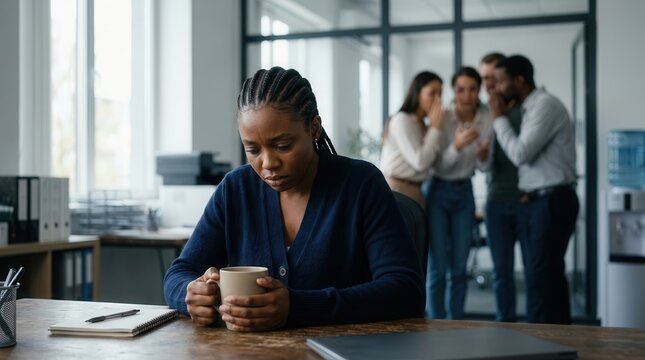 Sad African American businesswoman feeling isolated during a coffee break.