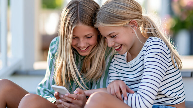 Two cousins sitting on porch steps, sharing a phone screen and giggling, casual summer afternoon, defocused background, with copy space