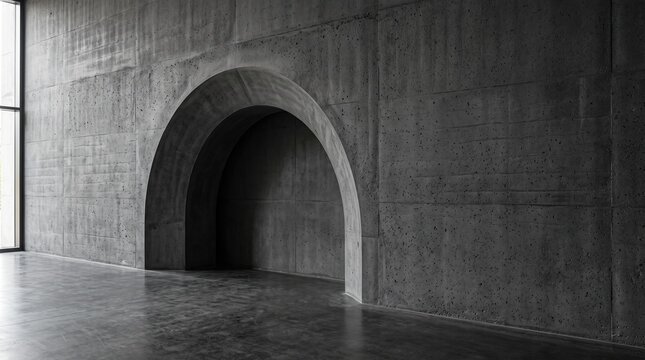 Brutalist concrete interior with arched alcove, minimalist gray cement wall architecture, industrial gallery space background