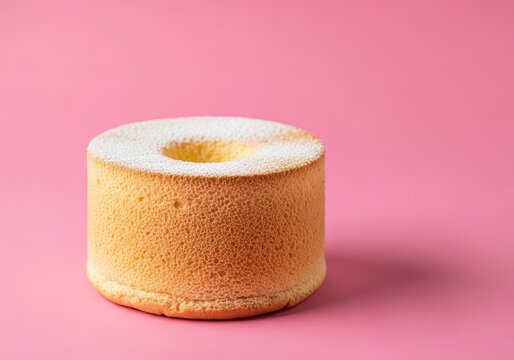 A light and fluffy chiffon cake rests elegantly on a vibrant pink background, featuring a soft texture and a dusting of fine powdered sugar, cake, fluffy, snack