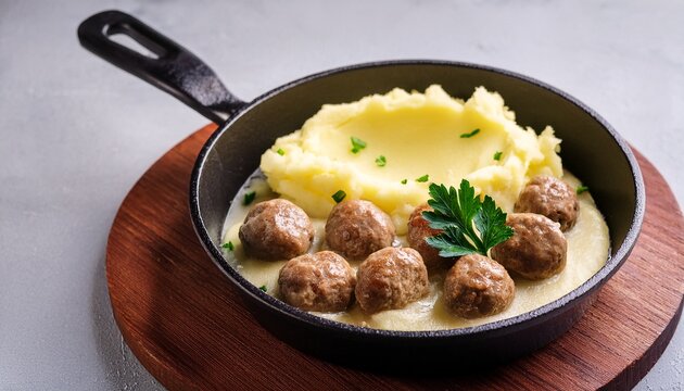 meatballs simmer in creamy sauce in frying pan mashed potatoes served in bowl garnish with fresh parsley on dish traditional swedish cuisine comfort food is ready