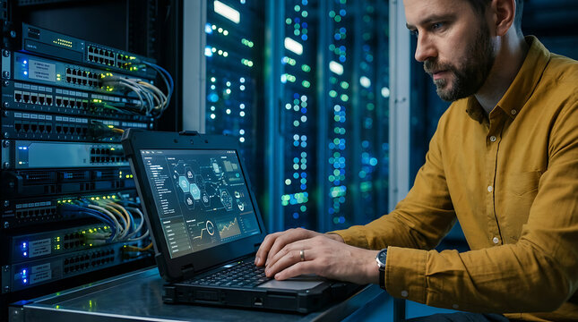 Close up of an it specialist using a laptop to troubleshoot server hardware in a secure data center environment with specialist, troubleshooting