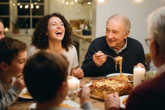 Italian family eat dinner pasta together table