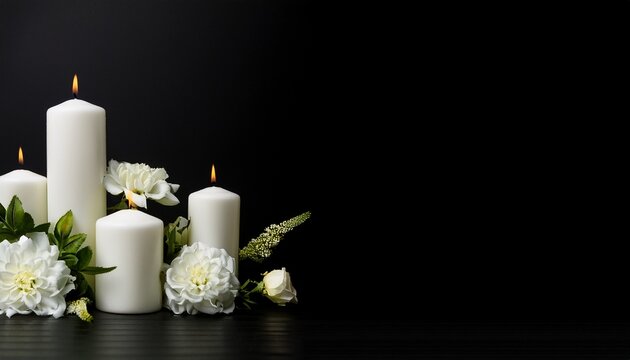 white candles and flowers on black panoramic background with copy space funeral service memorial and obituary header mz