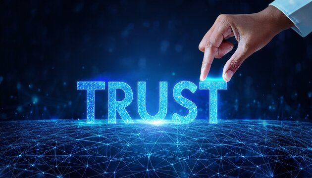 hand places glowing letter t to complete word trust made of blue particles on abstract tech network background building connections and partnership concept