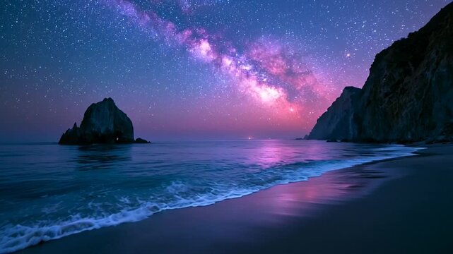 Purple Galaxy Arc Reflected on a Quiet Dark Shore / 静かな暗い岸に映る紫の銀河