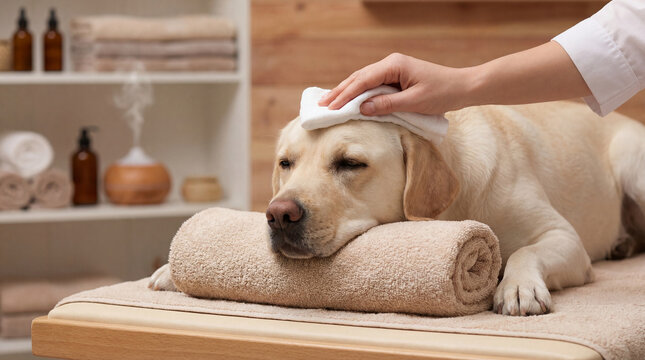 Labrador Retriever relaxing with a cooling cloth on its forehead during a soothing pet spa treatment, resting on a plush towel in a warm wellness setting