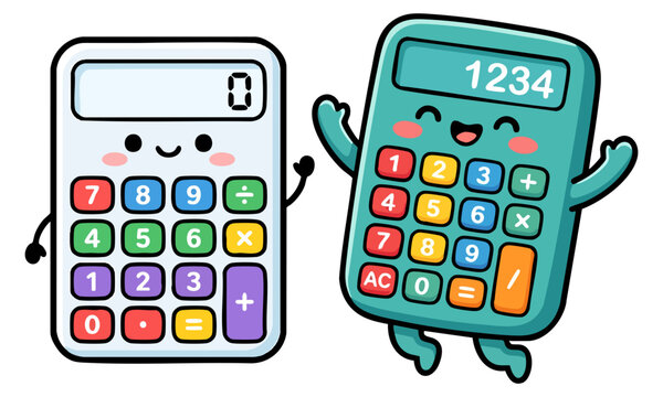 Two cute cartoon calculators with happy faces and colorful buttons