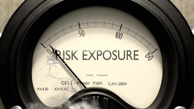 Risk exposure meter showing low levels of risk exposure. Minimum and decreasing risk exposure value, below the norm. Lack of risk exposure. None of it, insufficient.