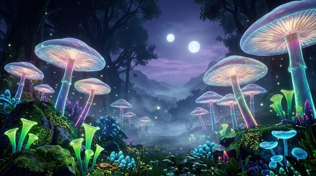 Magical enchanted forest at night with giant glowing mushrooms and bioluminescent plants.