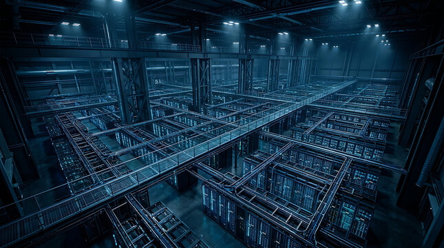 Vast server room with rows of illuminated racks glowing with blue and white lights data center information technology server rack server cabinet