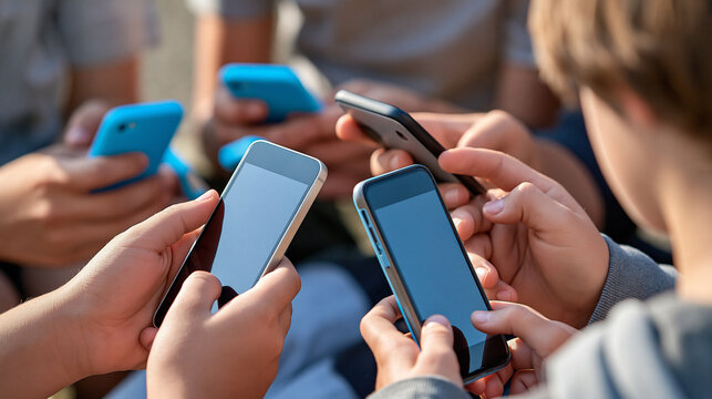 A group of children's hands holding mobile phones together, casual gathering, playful youth technology theme, cropped composition, with copy space