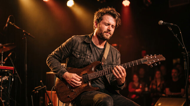 Musician playing electric guitar on stage with audience in background