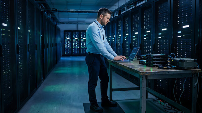 Technician in a light blue shirt using a laptop in a server room aisle with data center it specialist it support it infrastructure it management
