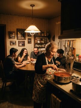 Senior Italian woman cook food for family in kitchen