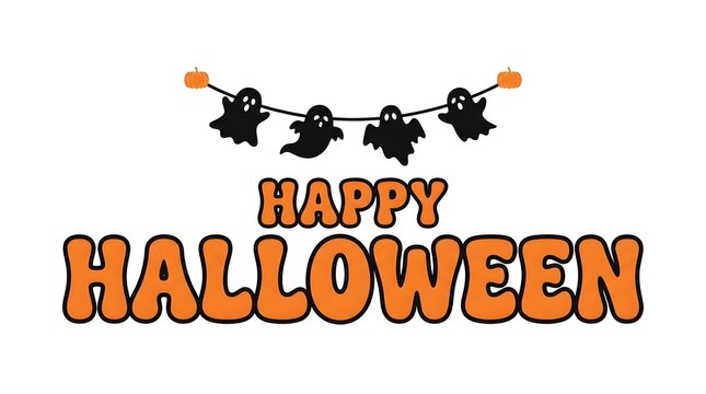 Happy halloween text with spooky ghost garland illustration on a white background