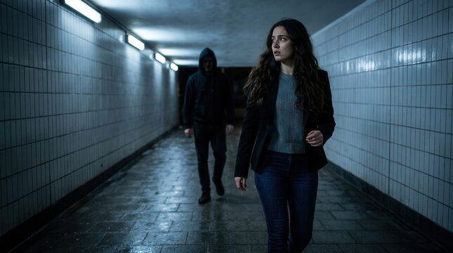A concerned woman walks through a dark underpass at night while a hooded man follows her.