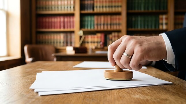 Professional notary hand stamping legal documents. Lawyer office with wooden desk and library background. Official certification and law services.