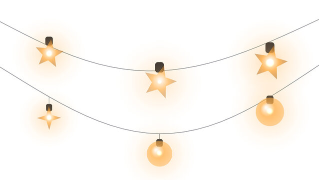 Glowing star and round bulb string lights hanging on wire isolated on transparent background