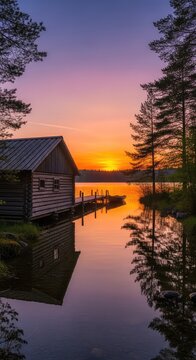 A rustic wooden cabin sits on the edge of a serene lake during sunset, featuring a private dock and tall pine trees in the background, vacation, wilderness, cottage