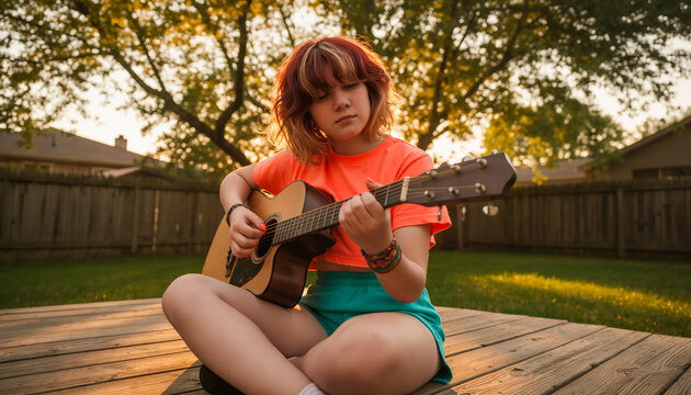 Talented musician playing acoustic guitar while sitting on wooden backyard deck during vibrant golden hour sunset practicing creative arts with relaxed atmospheric lighting and copy space