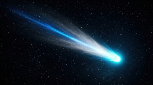 A bright blue comet with a long glowing tail flying through dark starry space.